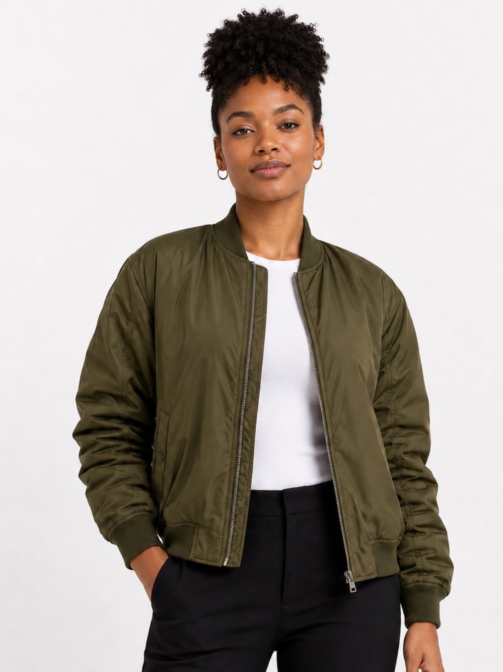 Z BY ZELLA Ruched Sleeve Bomber Jacket Olive Night L NWT